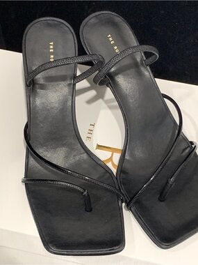 Authentic the row Black Square-Toe Toe-Loop Slide Sandals